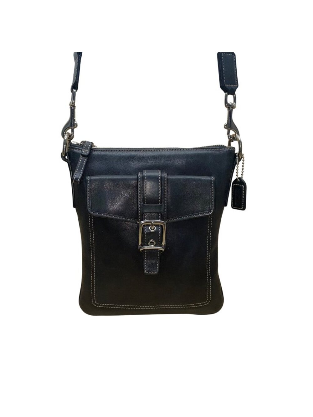 Coach Women’s Black Leather Front Buckle Detail Adjustable Strap Crossbody Bag